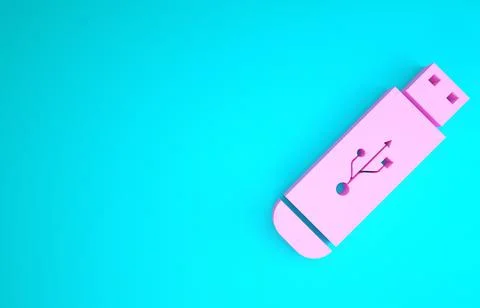 Pink USB flash drive icon isolated on blue background. Minimalism concept. 3d Stock Illustration