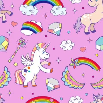 Pink vector hand drawn unicorns seamless pattern 스톡 일러스트
