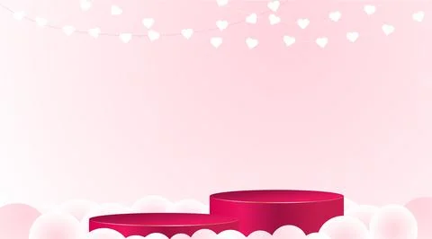 Pink vector podiums with clouds, beautiful shining garlands. Stock Illustration
