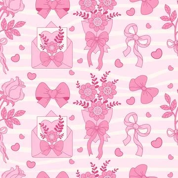 Pink Vintage Coquette seamless pattern. Rose, Bow Ribbon, bouquet flowers w.. Stock Illustration