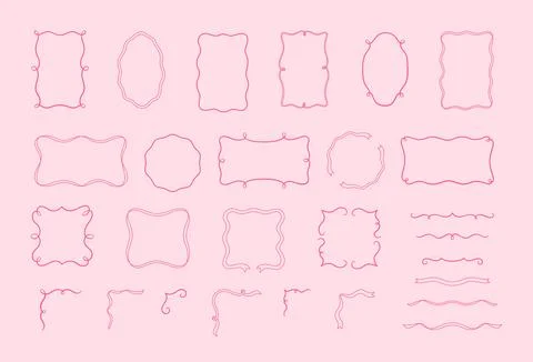 Pink vintage outline frames vector set, wavy ribbon border coquette line art for Stock Illustration