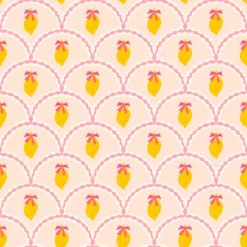 Pink vintage scallop seamless pattern lemon with bow ribbons. Summer fruit Stockillustratie