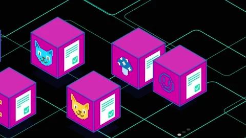 Pink Virtual Blocks NFT CryptoArt. Digital Money Exchange. NFT Metaverse. 4K Stock Footage 195437516