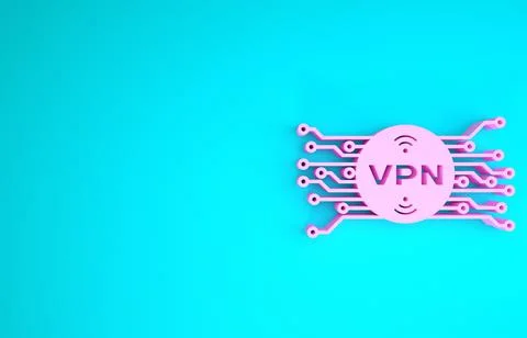 Pink VPN in circle with microchip circuit icon isolated on blue background. M 스톡 일러스트