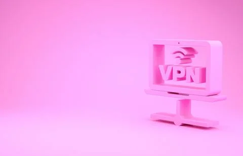 Pink VPN Computer network icon isolated on pink background. Laptop network. I Stock Illustration