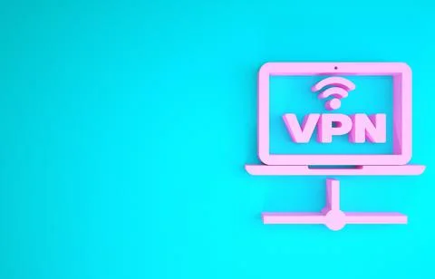 Pink VPN Computer network icon isolated on blue background. Laptop network. I Stock Illustration