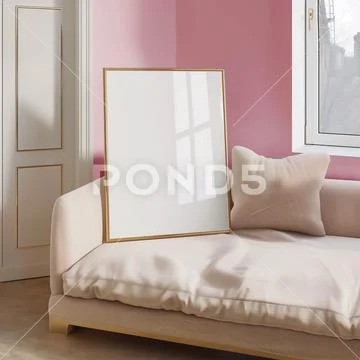Pink Wall Vintage Frame Mockup 5x7 - Living room - Sofa - Changeable Wall Color Template PSD
