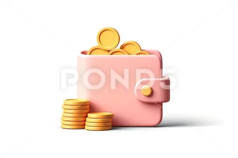 Pink wallet overflowing with gold coins PSD Template