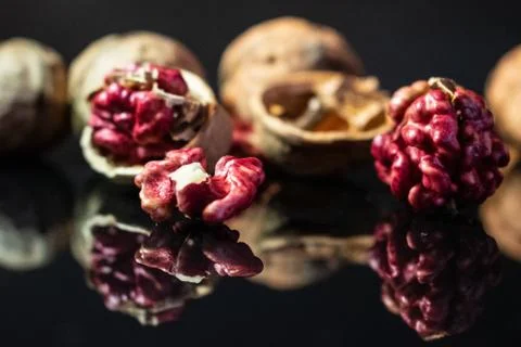 Pink walnut kernels on a dark reflective table. Black background Stock Photos