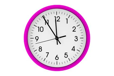 Pink watch, wall clock 11 hours 45 minutes on isolated or white background 库存照片