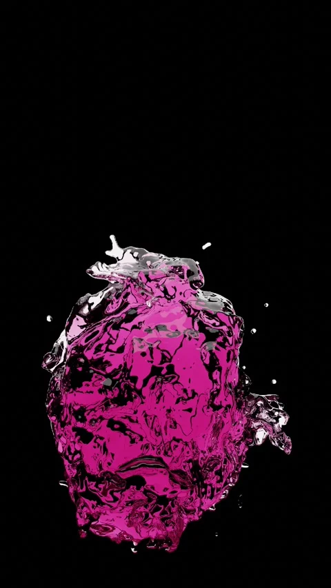 Pink water drops colliding with a splash on a black background.Slow motion 3D An Stock Footage 261079893