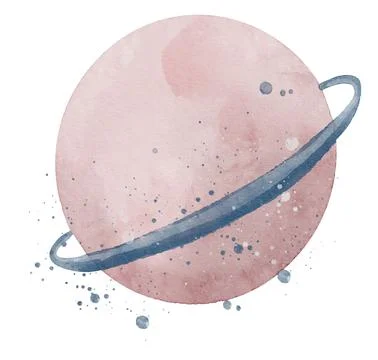 Pink watercolor Planet with ring. Hand drawn illustration of Space object in Stock Illustration