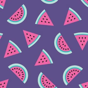Pink watermelon slices seamless pattern on purple background Stock Illustration