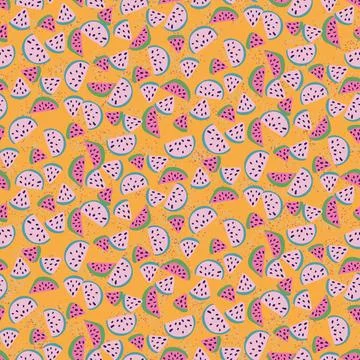 Pink watermelon slices seamless vector pattern on yellow Stock Illustration