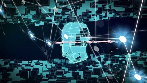 Pink waveform forming, sending angled light strands, wireframe head rotating, Stock Footage 334788385