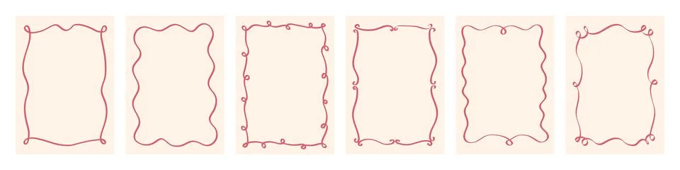 Pink wavy line art frames set. Coquette aesthetic scalloped rectangular bor.. イラスト素材