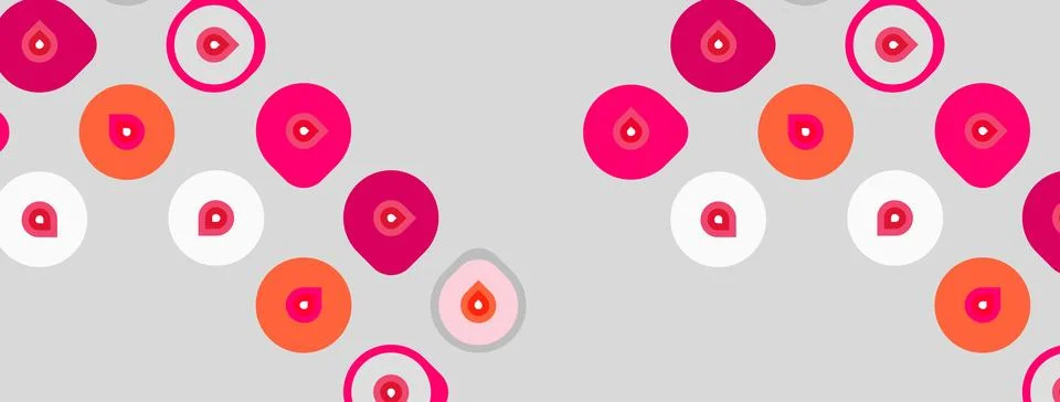 Pink, white, orange circles repeat. Pattern features droplet shapes within so Stock Illustration