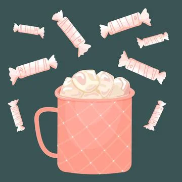 Pink White vector isolated flat candies with hearts, cute patterned cup of ho Stock Illustration