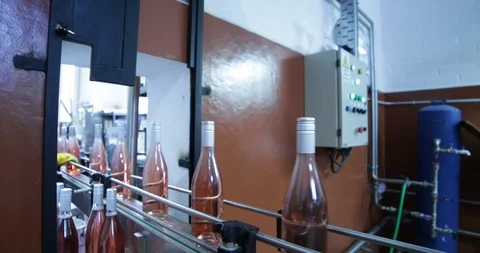 Pink wine bottles going through band towards packaging Stockbeeldmateriaal 94917972