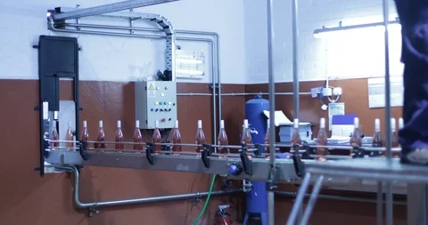 Pink wine bottles going through band in line towards packaging Video stock 95380938