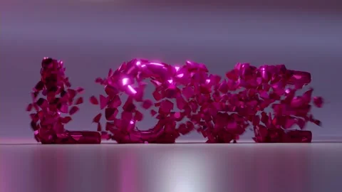 The pink word LOVE explodes into small particles. 3D. Stock Footage 253674774