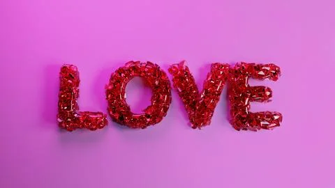 The pink word LOVE explodes into a small particles. Stock Illustration