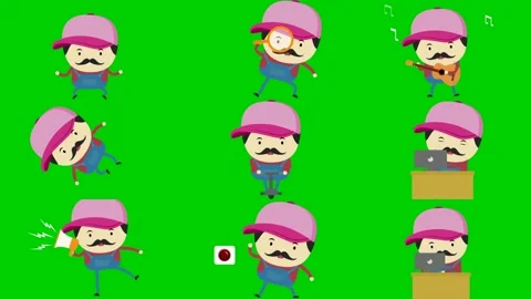 Pink worker on green screen featuring man magnifier music jump briefcase Stock Footage 334704266