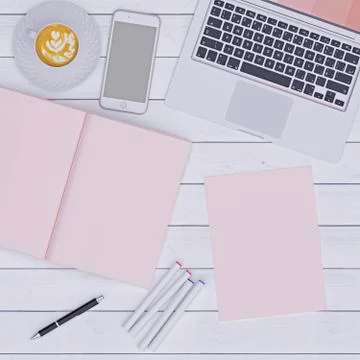 Pink working space with notebook paper  coffee and phone for mock up ,3d rend Stock Illustration