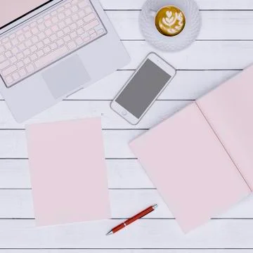 Pink working space with notebook paper  coffee and phone for mock up ,copy sp Stock Illustration