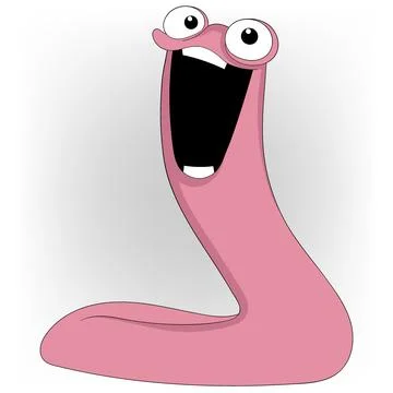 Pink worm face looking up laughing arrogantly Illustrazione stock