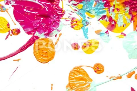Pink, Yellow, Blue, Orange Thick Paint Splats and Abstract Background Stock Photos