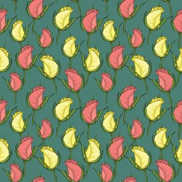 Pink yellow roses seamless pattern on green background Stock Illustration