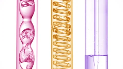 Pink yellow violet liquids bubble in bulb condenser white bg Stock Footage 335873941