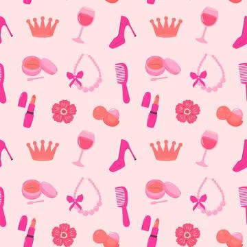 Pinkcore glamour seamless pattern. Pink pattern with cute makeup cosmetic. Stock Illustration
