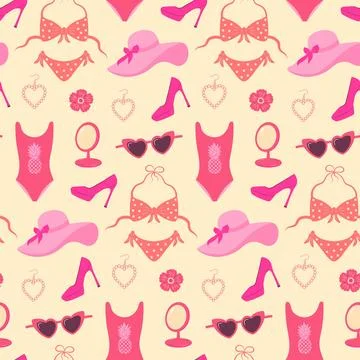Pinkcore glamour seamless pattern. Pink pattern with cute female accessories Stock Illustration