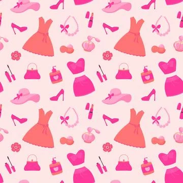 Pinkcore glamour seamless pattern. Pink pattern with cute female accessories Illustrazione stock