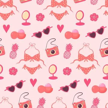 Pinkcore glamour seamless pattern. Pink pattern with cute female accessories. Stock Illustration
