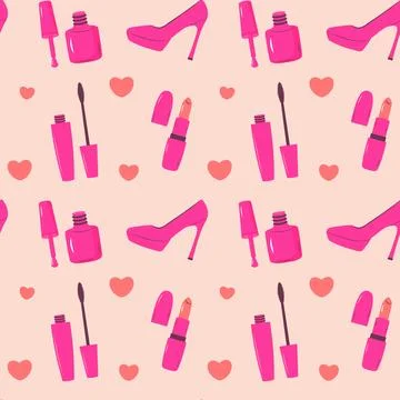 Pinkcore glamour seamless pattern. Pink pattern with female makeup products.. Stock Illustration