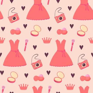Pinkcore glamour seamless pattern. Pink pattern with female accessories, cu.. Illustrazione stock