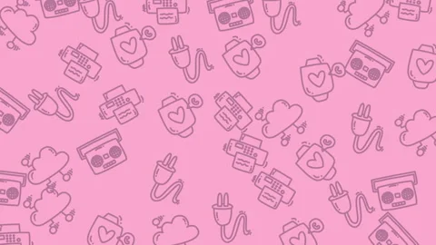 Pinkthemed image featuring plugs, clouds, printers, and hearts. Perfect for vale Stock Footage 325059594