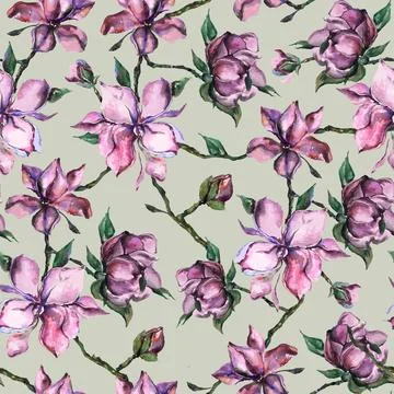 Pink,Watercolor,Flowers,,,Seamless,Pattern. 스톡 일러스트