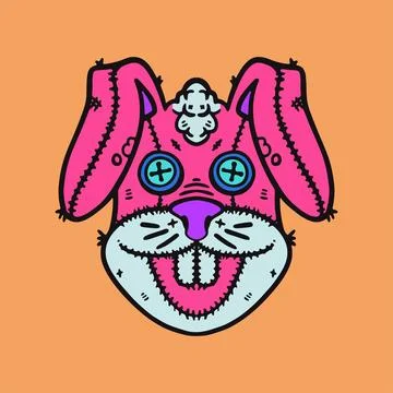 Pinky rabbit doll head smiling with button eyes unique and cool design Stock Illustration