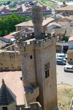 Pinnacle of the corner tower in Olite Stock Photos