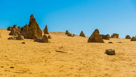 The Pinnacles are limestone formations within Nambung National Park, near t.. Foto stock