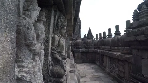 Pinnacles, Bas relief on the terrace wall, Vishnu Temple, Prambanan, Indonesia Stock Footage 249982703