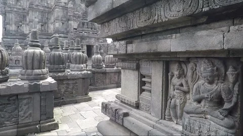 Pinnacles, Bas relief, Vishnu Temple Terrace, Prambanan, Java, Indonesia Stock Footage 250510482