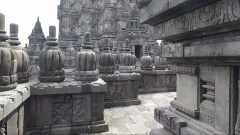 Pinnacles, Bas relief, Vishnu Temple Terrace, Prambanan, Java, Indonesia Stock Footage 250511196