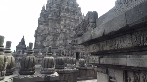 Pinnacles, Bas relief, Vishnu Temple Terrace, Prambanan, Java, Indonesia Stock Footage 250511396