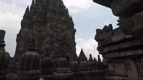 Pinnacles, Bas reliefs on the terrace, Vishnu Temple, Prambanan, Java, Indonesia Stock-Footage 249749731