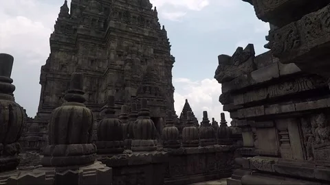 Pinnacles, Bas reliefs on the terrace, Vishnu Temple, Prambanan, Java, Indonesia Stock Footage 249749999
